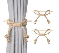 Pretty Jolly 2 Pack Natural Jute Rope Curtain Tiebacks Boho Rustic Style Decorative Drape Tie Backs Farmhouse Hand-Woven Curtain Holdbacks with Wood Club for Home & Office Drapery (Jute knot)