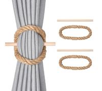 Pretty Jolly 2 Pack Natural Jute Rope Curtain Tiebacks Boho Rustic Style Decorative Drape Tie Backs Farmhouse Hand-Woven Curtain Holdbacks with Wood Club for Home & Office Drapery (Jute loop-02)