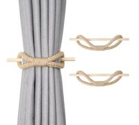 Pretty Jolly 2 Pack Natural Jute Rope Curtain Tiebacks Boho Rustic Style Decorative Drape Tie Backs Farmhouse Hand-Woven Curtain Holdbacks with Wood Club for Home & Office Drapery (Jute rope-T)