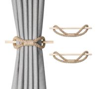 Pretty Jolly 2 Pack Natural Jute Rope Curtain Tiebacks Boho Rustic Style Decorative Drape Tie Backs Farmhouse Hand-Woven Curtain Holdbacks with Wood Club for Home & Office Drapery (Jute rope)