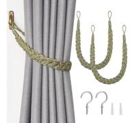 Pretty Jolly 2 Pack Natural Jute Rope Curtain Tiebacks Boho Rustic Style Decorative Drape Tie Backs Elegant Hand-Woven Rope Curtain Holdbacks with Metal Hook for Home & Office Drapery (Jute-Green)