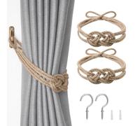 Pretty Jolly 2 Pack Natural Jute Rope Curtain Tiebacks Boho Rustic Style Decorative Drape Tie Backs Elegant Hand-Woven Rope Curtain Holdbacks with Metal Hook for Home & Office Drapery (Jute-Knot)