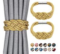 Pretty Jolly 2 Pack Strong Magnetic Curtain Tiebacks Decorative Drape Tie Backs Hand Weave Rope Knot Curtain Holdbacks for Home & Office Window Drapery (Gold)