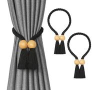 Pretty Jolly 2 Pack Wooden Ball Magnetic Curtain Tiebacks Boho Home Decor Drape Tie Backs Natural Cotton Hand Woven Rope Curtain Holdbacks for Thin & Thick Home & Office Window Draperies (A-Black)