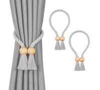Pretty Jolly 2 Pack Wooden Ball Magnetic Curtain Tiebacks Boho Home Decor Drape Tie Backs Natural Cotton Hand Woven Rope Curtain Holdbacks for Thin & Thick Home Office Window Draperies (A-Light Grey)