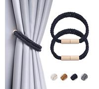 Pretty Jolly 2 Pack Wooden Magnetic Curtain Tiebacks Boho Decoration Drape Tie Backs Natural Cotton Handmade Double Rope Curtain Holdbacks for Thin & Thick Home & Office Window Drapery (New Dark Blue)