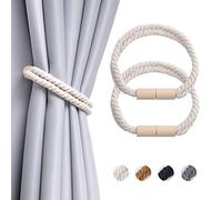 Pretty Jolly 2 Pack Wooden Magnetic Curtain Tiebacks Boho Decoration Drape Tie Backs Natural Cotton Handmade Double Rope Curtain Holdbacks for Thin or Thick Home & Office Window Drapery (New Beige)