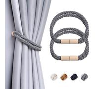 Pretty Jolly 2 Pack Wooden Magnetic Curtain Tiebacks Boho Decoration Drape Tie Backs Natural Cotton Handmade Double Rope Curtain Holdbacks for Thin or Thick Home & Office Window Drapery (New Grey)