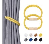 Pretty Jolly 2 Pack Wooden Magnetic Curtain Tiebacks Boho Decoration Drape Tie Backs Natural Cotton Handmade Double Rope Curtain Holdbacks for Thin & Thick Home & Office Window Drapery (New Yellow)
