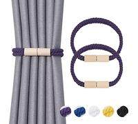 Pretty Jolly 2 Pack Wooden Magnetic Curtain Tiebacks Boho Decoration Drape Tie Backs Natural Cotton Handmade Double Rope Curtain Holdbacks for Thin & Thick Home & Office Window Drapery (New Purple)