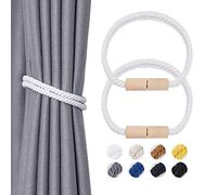 Pretty Jolly 2 Pack Wooden Magnetic Curtain Tiebacks Boho Decoration Drape Tie Backs Natural Cotton Handmade Double Rope Curtain Holdbacks for Thin & Thick Home & Office Window Drapery (New White)