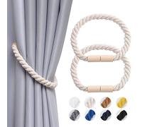 Pretty Jolly 2 Pack Wooden Magnetic Curtain Tiebacks Boho Home Decoration Drape Tie Backs Natural Cotton Handmade Rope Curtain Holdbacks for Thin or Thick Home & Office Window Drapery (Beige)
