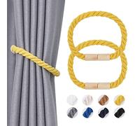 Pretty Jolly 2 Pack Wooden Magnetic Curtain Tiebacks Boho Home Decoration Drape Tie Backs Natural Cotton Handmade Rope Curtain Holdbacks for Thin or Thick Home & Office Window Drapery (Yellow)