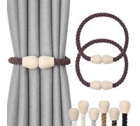 Pretty Jolly 2 Pack Wooden Magnetic Curtain Tiebacks Elegant Boho Home Decoration Drape Tie Backs Natural Cotton Handmade Rope Curtain Holdbacks for Home & Office Window Drapery (Coffee)