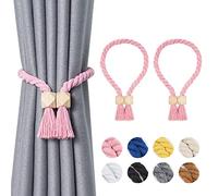 Pretty Jolly 2 Pack Wooden Polyhedron Magnetic Curtain Tiebacks Boho Home Decor Drape Tie Backs Natural Cotton Hand Woven Rope Curtain Holdbacks for Home & Office Window Draperies (Pink)