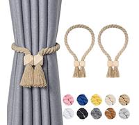 Pretty Jolly 2 Pack Wooden Polyhedron Magnetic Curtain Tiebacks Boho Home Decor Drape Tie Backs Natural Cotton Hand Woven Rope Curtain Holdbacks for Home & Office Window Draperies (Dark Beige)
