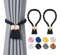 Pretty Jolly 2 Pack Wooden Polyhedron Magnetic Curtain Tiebacks Boho Home Decor Drape Tie Backs Natural Cotton Hand Woven Rope Curtain Holdbacks for Home & Office Window Draperies (Black)