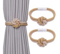 Pretty Jolly 4 Pack Cute Flower Knot Magnetic Curtain Tiebacks Nordic Style Drape Tie Backs Elegant Hand Weave Rope Decorative Curtain Holdbacks for Home & Office Window Drapery (Gold & Beige)
