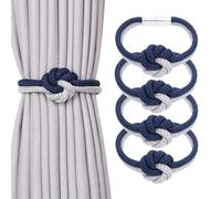 Pretty Jolly 4 Pack Cute Flower Knot Magnetic Curtain Tiebacks Nordic Style Drape Tie Backs Elegant Hand Weave Rope Decorative Curtain Holdbacks for Home & Office Window Drapery (Dark Blue & Grey)
