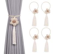 Pretty Jolly 4 Pack Cute Flowers Tassel Curtain Tiebacks Handmade Braided Rope Drape Tie Backs Natural Rustic Style Decorative Curtain Holdbacks for Home & Office Window Drapery (C-Beige)