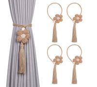 Pretty Jolly 4 Pack Cute Flowers Tassel Curtain Tiebacks Handmade Braided Rope Drape Tie Backs Natural Rustic Style Decorative Curtain Holdbacks for Home & Office Window Drapery (C-Coffee)