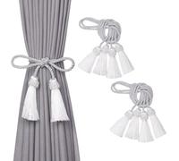 Pretty Jolly 4 Pack Double-Ended Tassel Curtain Tiebacks European Style Decorative Drape Tie Backs Elegant Handmade Braided Rope Knot Curtain Holdbacks for Home & Office Window Drapery (White)