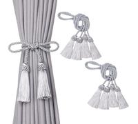 Pretty Jolly 4 Pack Double-Ended Tassel Curtain Tiebacks European Style Decorative Drape Tie Backs Elegant Handmade Braided Rope Knot Curtain Holdbacks for Home & Office Window Drapery (Silver Grey)