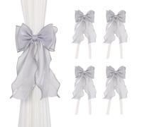 Pretty Jolly 4 Pack French Silky Bow Curtain Tiebacks Elegant Lace Ribbon Decorative Drape Tie Backs Coquette Handmade Butterfly Knot Curtain Holdbacks for Home Wedding Window Drapery Decor (Grey)