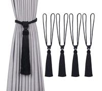 Pretty Jolly 4 Pack Long Tassel Curtain Tiebacks European Style Decorative Drape Tie Backs Elegant Handmade Braided Rope Knot Curtain Holdbacks for Home & Office Window Drapery (Black)