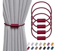 Pretty Jolly 4 Pack Magnetic Curtain Tiebacks 16 Inch Handmade Weave Side Rope Curtain Holdbacks Convenient Decorative Cylinder Curtain Drape Tie Backs for Home & Office Window Drapery (Wine Red)