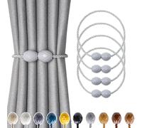 Pretty Jolly 4 Pack Magnetic Curtain Tiebacks Handmade Weave Rope Curtain Holdbacks Elegant Decorative Polyhedra Curtain Drape Tie Backs for Home & Office Thick & Thin Window Drapery (Light Grey)