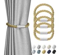 Pretty Jolly 4 Pack Mini Magnetic Curtain Tiebacks Modern Simple Style Drape Tie Backs Elegant Decorative Weave Rope Curtain Holdbacks for Home & Office Thin Window Draperies (Gold)
