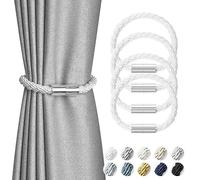 Pretty Jolly 4 Pack Mini Magnetic Curtain Tiebacks Modern Simple Style Drape Tie Backs Elegant Decorative Weave Rope Curtain Holdbacks for Home & Office Thin Window Draperies (Silver White)
