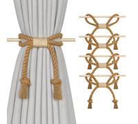 Pretty Jolly 4 Pack Natural Cotton Rope Curtain Tiebacks Boho Rustic Style Decorative Drape Tie Backs Farmhouse Hand-Woven Curtain Holdbacks with Wood Club for Home Office Drapery (Cotton knot-Khaki)
