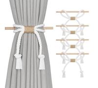 Pretty Jolly 4 Pack Natural Cotton Rope Curtain Tiebacks Boho Rustic Style Decorative Drape Tie Backs Farmhouse Hand-Woven Curtain Holdbacks with Wood Club for Home Office Drapery (Cotton knot-White)