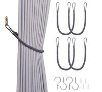 Pretty Jolly 4 Pack Natural Cotton Rope Curtain Tiebacks Boho Rustic Style Decorative Drape Tie Backs Hand-Woven Rope Curtain Holdbacks with Metal Hook for Home & Office Drapery (Cotton-Dark Grey)