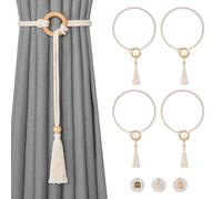 Pretty Jolly 4 Pack Natural Cotton Rope Curtain Tiebacks Boho Style Decorative Drape Tie Backs Elegant Hand Woven Rope Curtain Holdbacks with Wooden Ring for Home & Office Window Drapery (B1-Yellow)
