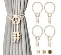 Pretty Jolly 4 Pack Natural Cotton Rope Curtain Tiebacks Boho Style Decorative Drape Tie Backs Elegant Hand Woven Rope Curtain Holdbacks with Wooden Ring for Home & Office Window Drapery (B-Natural)