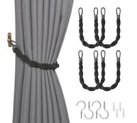 Pretty Jolly 4 Pack Natural Cotton Rope Curtain Tiebacks Elegant Boho Style Decor Drape Tie Backs Soft Hand-Woven Double Rope Curtain Holdbacks with Metal Hook for Home & Office Drapery (Dark Grey)