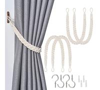 Pretty Jolly 4 Pack Natural Cotton Rope Curtain Tiebacks Elegant Boho Style Decorative Drape Tie Backs Soft Hand-Woven Rope Curtain Holdbacks with Metal Hook for Home & Office Drapery (Beige)
