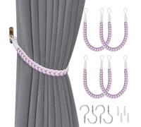 Pretty Jolly 4 Pack Natural Cotton Rope Curtain Tiebacks Elegant Boho Style Decorative Drape Tie Backs Soft Hand-Woven Rope Curtain Holdbacks with Metal Hook for Home Office Drapery (Purple & White)