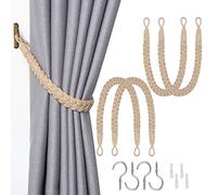 Pretty Jolly 4 Pack Natural Cotton Rope Curtain Tiebacks Elegant Boho Style Decorative Drape Tie Backs Soft Hand-Woven Rope Curtain Holdbacks with Metal Hook for Home & Office Drapery (Dark Beige)