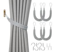 Pretty Jolly 4 Pack Natural Cotton Rope Curtain Tiebacks Elegant Grid Style Decorative Drape Tie Backs Soft Hand-Woven Rope Curtain Holdbacks with Metal Hook for Home & Office Drapery (Blue-grey-G)
