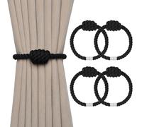 Pretty Jolly 4 Pack Natural Cotton Rope Magnetic Curtain Tiebacks Boho Style Drape Tie Backs Elegant Hand Weave Rope Knot Decorative Curtain Holdbacks for Home & Office Window Drapery (Black)