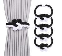 Pretty Jolly 4 Pack Natural Cotton Rope Magnetic Curtain Tiebacks Elegant Knot Decor Drape Tie Backs Boho Soft Hand Weave Rope Curtain Holdbacks for Home & Office Window Drapery (Black & White)