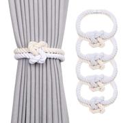 Pretty Jolly 4 Pack Natural Cotton Rope Magnetic Curtain Tiebacks Elegant Knot Decor Drape Tie Backs Boho Soft Hand Weave Rope Curtain Holdbacks for Home & Office Window Drapery (Beige & White)