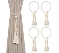Pretty Jolly 4 Pack Natural Cotton Rope Tassel Curtain Tiebacks Boho Style Decorative Drape Tie Backs Elegant Wooden Beads Curtain Holdbacks for Home & Office Window Drapery (Wooden bead-A)