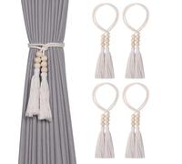 Pretty Jolly 4 Pack Natural Cotton Rope Tassel Curtain Tiebacks Boho Style Decorative Drape Tie Backs Elegant Wooden Beads Curtain Holdbacks for Home & Office Window Drapery (Wooden bead-D)