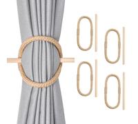 Pretty Jolly 4 Pack Natural Jute Rope Curtain Tiebacks Boho Rustic Style Decorative Drape Tie Backs Farmhouse Hand-Woven Curtain Holdbacks with Wood Club for Home & Office Drapery (Jute loop-01)