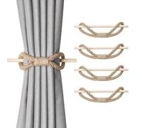 Pretty Jolly 4 Pack Natural Jute Rope Curtain Tiebacks Boho Rustic Style Decorative Drape Tie Backs Farmhouse Hand-Woven Curtain Holdbacks with Wood Club for Home & Office Drapery (Jute rope)